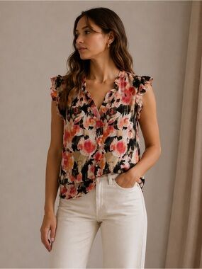 DKNY Floral Ruffle Cap-Sleeve V-Neck Sheer Top - Red/Black Size Large